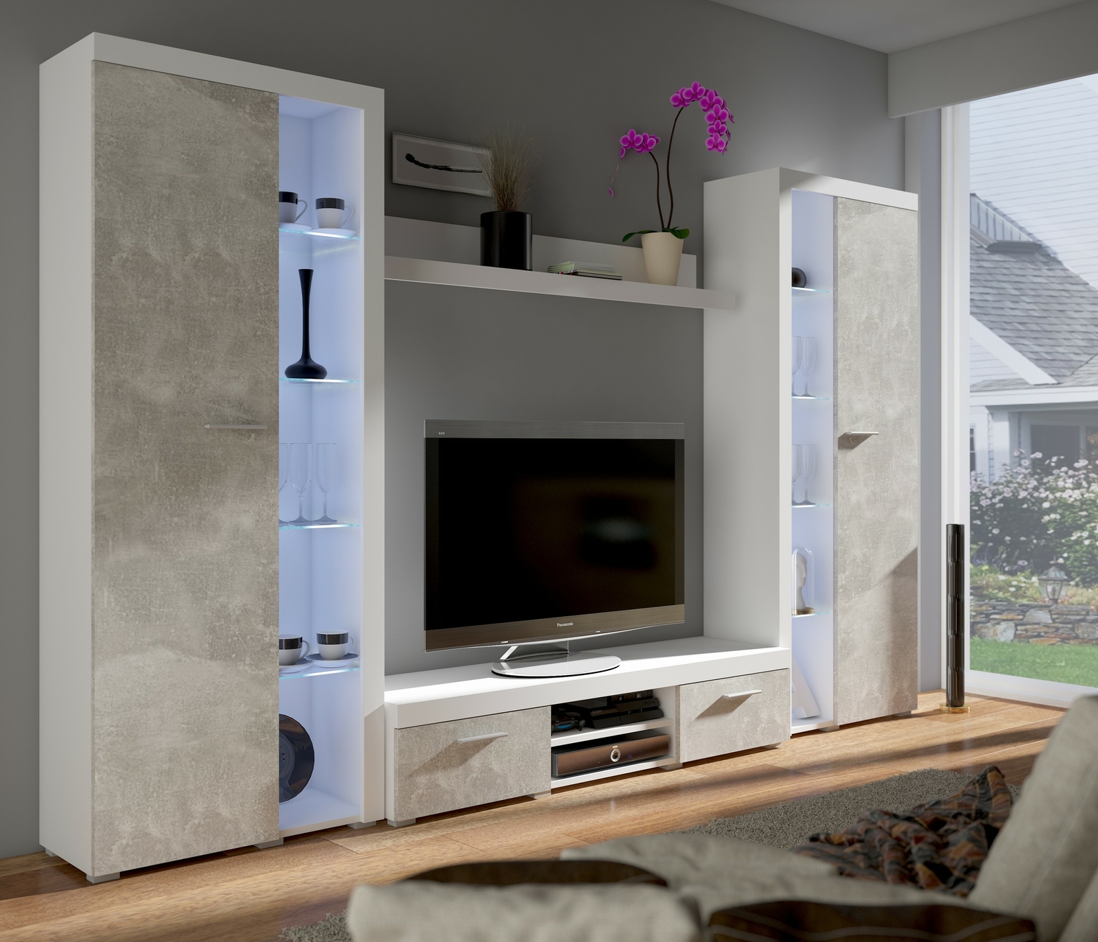 TOP Wohnwand Rumba XL Anbauwand Wohnkombi Wohnzimmer Beton Optik + Weiss matt