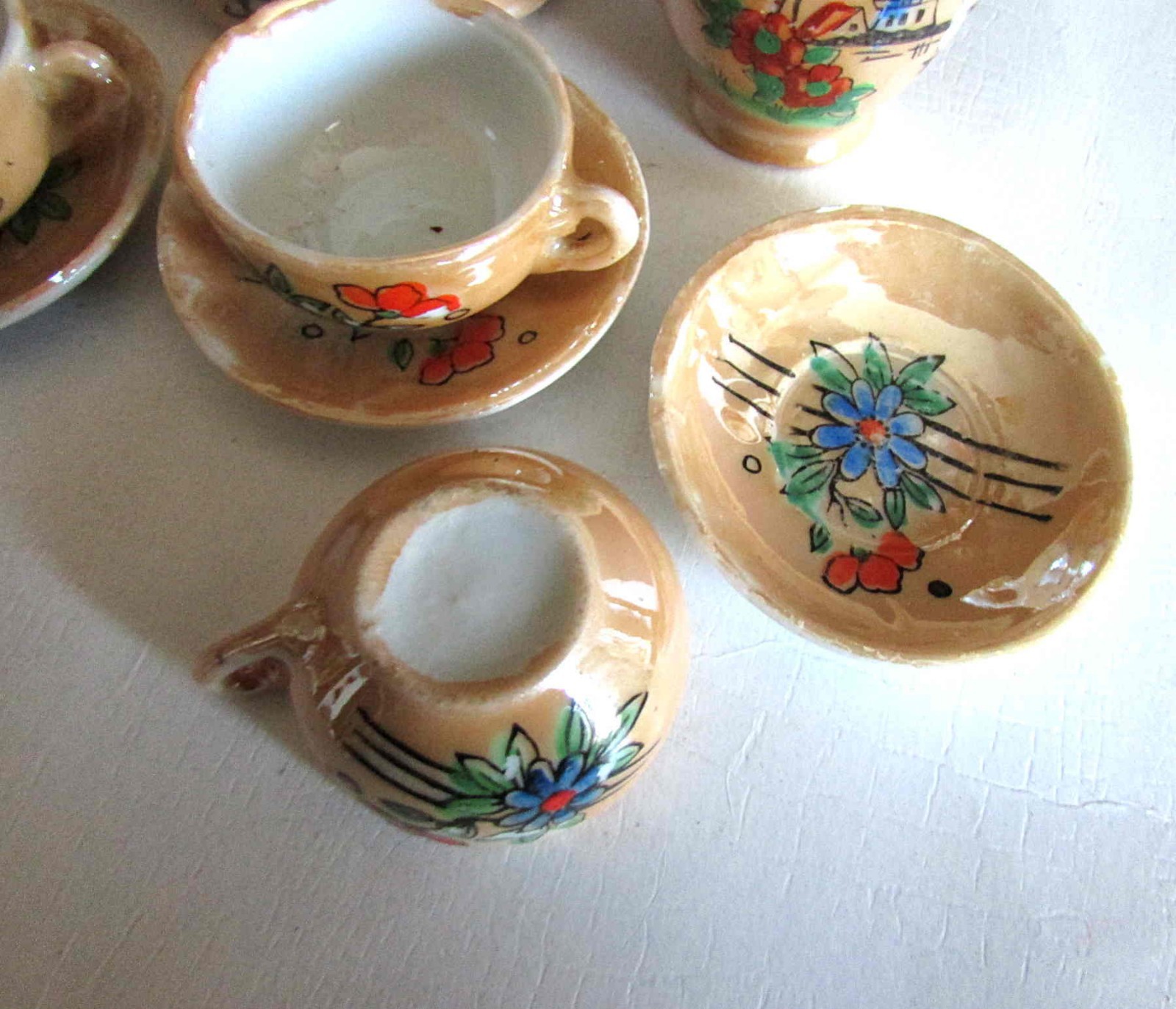 Japan Vintage 8 Pc Hand Painted Red Flower Lusterware Childs Tea Set FREE SH