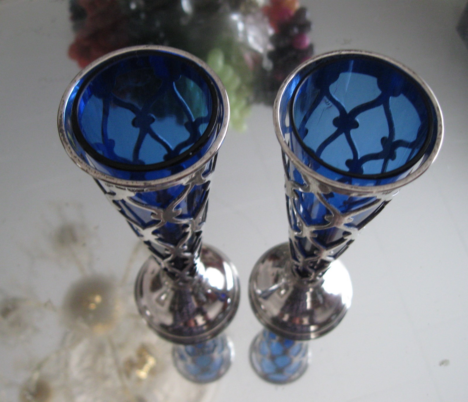 FABULOUS RARE PAIR  ATTENBOROUGH 1905 STERLING SILVER COBALT GLASS LINED VASES