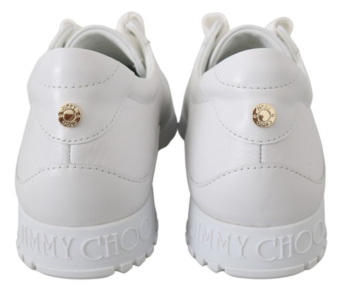 Pre-owned Jimmy Choo Monza Women White Sneakers 100% Leather Solid Flat Athletic Trainers