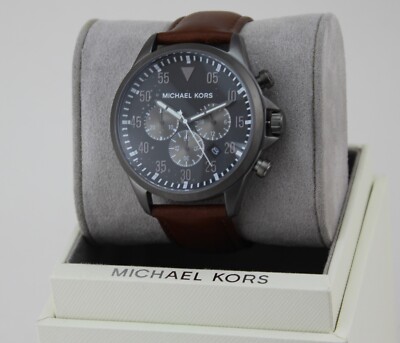NEW AUTHENTIC MICHAEL KORS GAGE GREY BROWN LEATHER CHRONOGRAPH MENS MK8536 WATCH