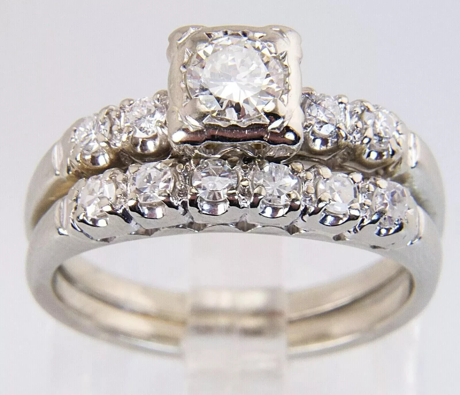 Wedding Bridal Ring Set Art Deco Round Lab Created Diamond 14K White Gold Filled