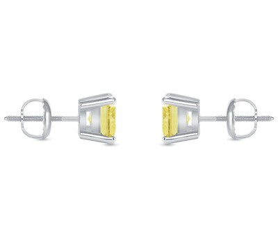 Pre-owned Shine Brite With A Diamond 2 Ct Princess Cut Canary Earrings Studs Solid 14k White Gold Screw Back Basket