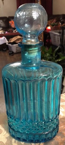 Light Blue Glass Vintage & Collectible Bottle Decanter W/ Stopper 8’ By 4 1/2 In