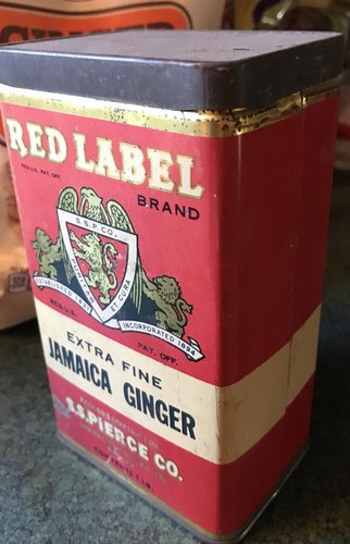 Antique Old Red Label Jamaica Ginger SS Pierce Boston Advertising Tin Vintage