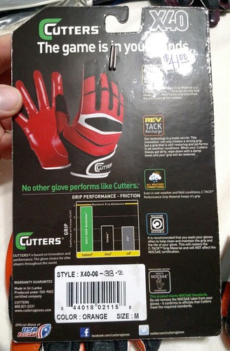 Cutters X-40 C-Tack Receiver ORANGE BLACK Football Gloves Medium LARGE