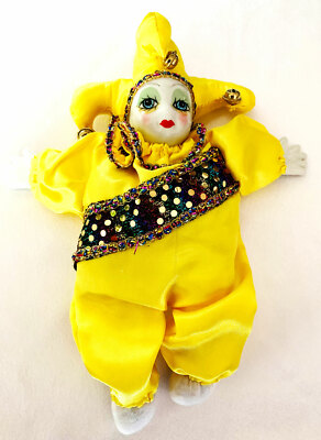 Porcelain Baby Clown Doll Mardi Gras Yellow New Orleans Carnival