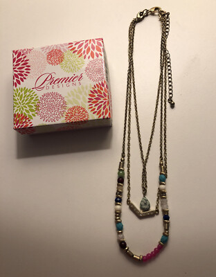 Premier Designs Women s Three Strand Jolie Necklace Teal Chevron Beads
