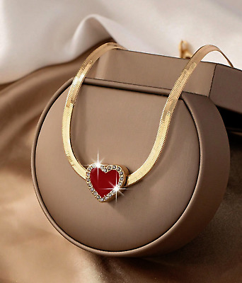 Womens Necklace 18K Gold Plated Stainless Steel Chain Red Heart Pendant Jewelry