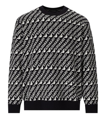 

Черно-белый мужской джемпер с круглым вырезом с монограммой Emporio Armani, Черный