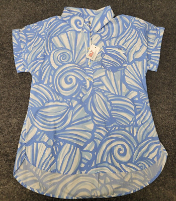 Vineyard Vines Top Womens 2 Blue White Nautilus SHELL Popover Shirt Cornflower