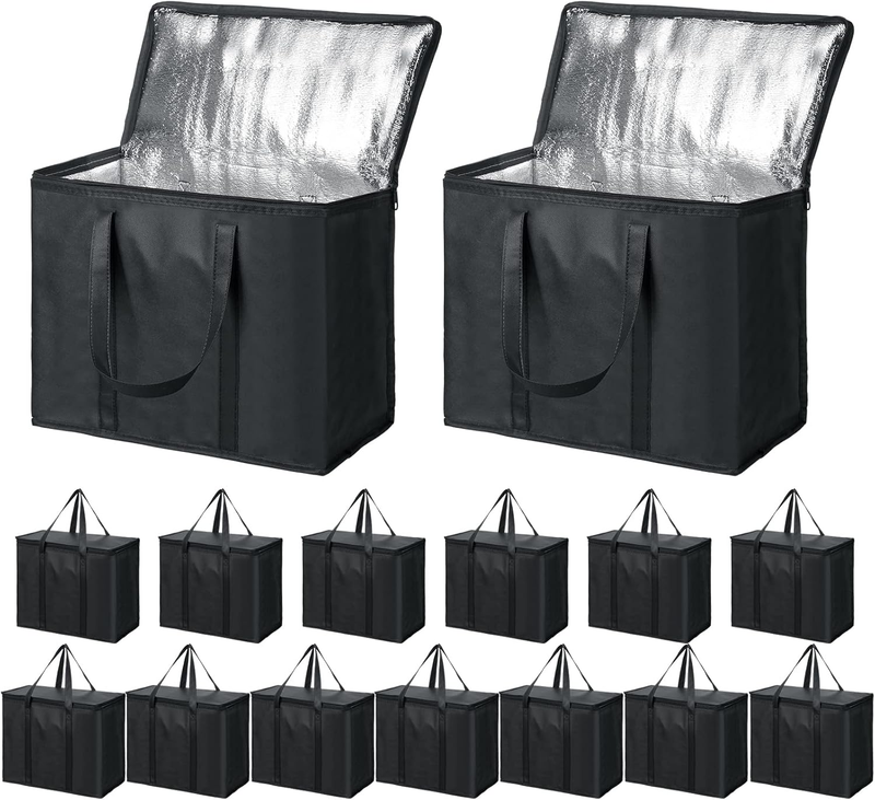 15 Pcs Large Insulated Reusable Grocery Bags with Sturdy Zipper and Handles Foldable Washable Cooler Totes Heavy Duty Hot or Cold Food Delivery Bags for Food Transport Travel Picnic Camping