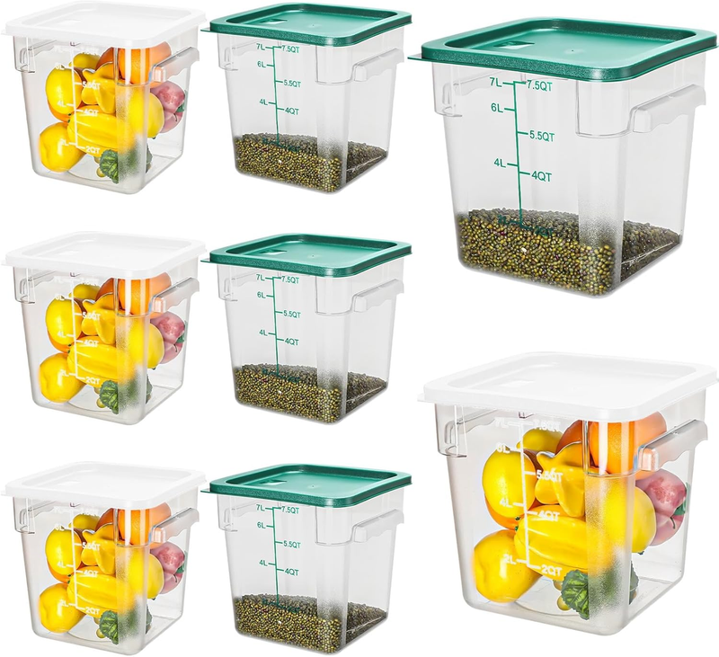8 Pack 8 Qt Clear Food Storage Container with Handles and Lid Commercial Grade Square Food Storage Containers Polycarbonate Air Tight Box for Home Kitchen Restaurant (Green, White)