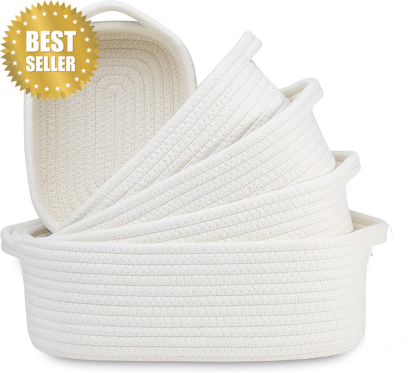 Cotton Rope Storage Baskets Set, Natural White, 5-Piece Rectangle Woven Organise