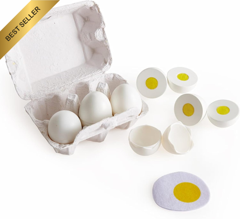 6 Piece Wooden Egg Carton Play Set with Hard-Boiled and Fried Eggs for Kids 3+