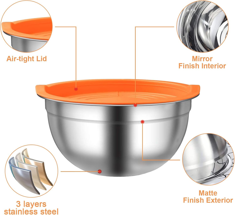 7 Pcs Mixing Bowls with Lids, Stainless Steel Nesting Bowls with 14Pcs Attachmen
