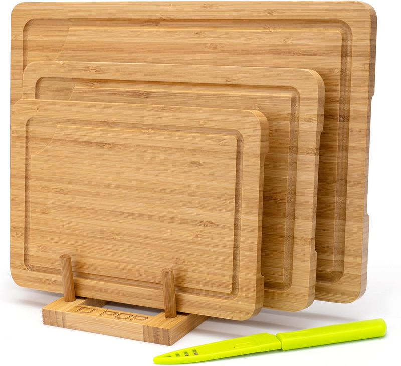 Bamboo Chopping Board 3-Piece, Cutting Board Set with Juice Groove and Side Hand