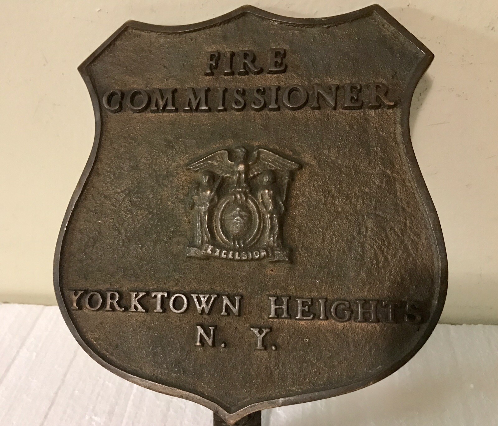 Vintage Brass Bronze Fire Commissioner Yorktown Hts Bumper Badge Plaque Topper