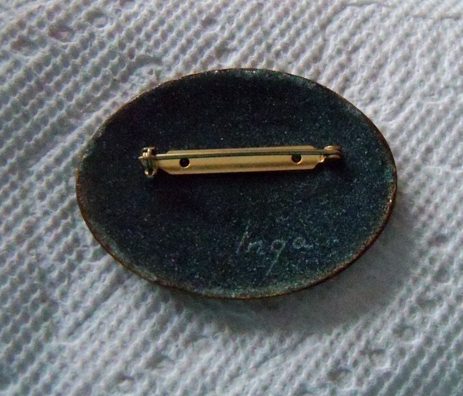 Vintage artist signed INGA Carlson enamel copper pin Blue Green abstract floral