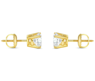 Pre-owned Shine Brite With A Diamond 1 Ct Round Real 18k Yellow Gold Simulate Diamond Earrings Studs Screwback Basket In White/colorless