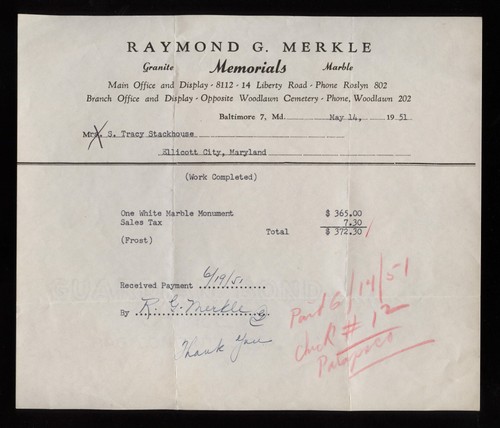 Raymond G Merkle Memorials Gravestones Ephemera Baltimore, MD Billhead 1951