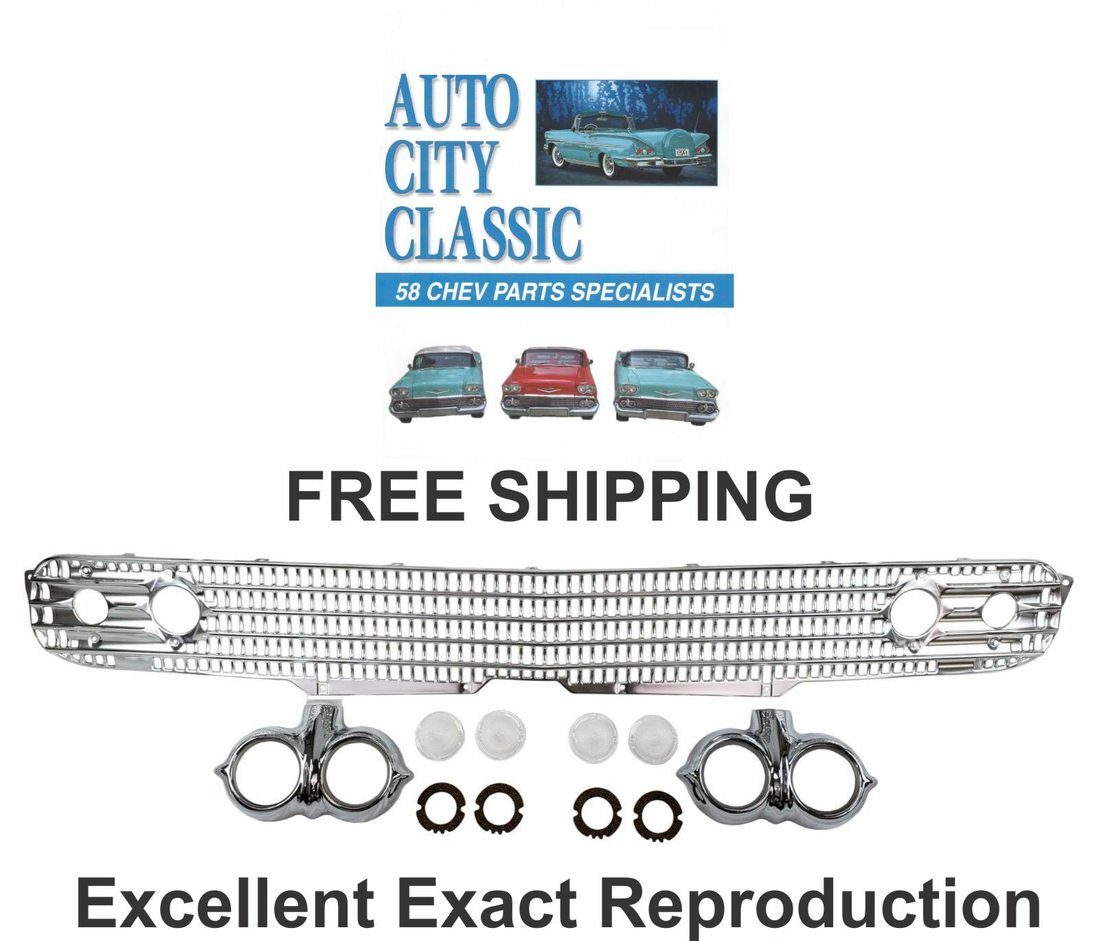 1958 Chevrolet Grill W/ Park light pods & lenses Impala