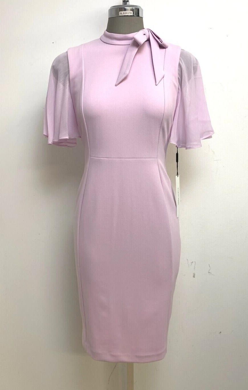 Кельвин Кляйн вишни флаттер шифон рукав галстук шеи оболочка платье размер 4