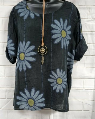 New Ladies Italian Batwing Daisy Lagenlook Cotton Summer Top Tunic Regula Sizes 