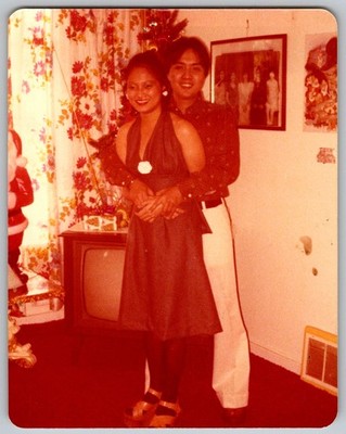 Vtg Color Snapshot Smiling Couple Woman Halter Dress Man Home Christmas 1974