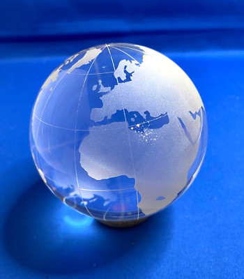 Crystal Clear World Earth Globe Etched Sphere 4'' Paperweight on Brass stand