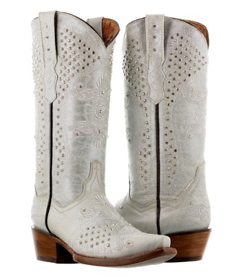 Pre-owned Cowboy Professional Womens Pearl White Wedding Western Cowgirl Boots Rhinestone Distressed Snip Toe