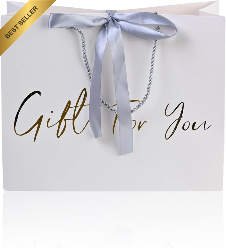 Gift Bag, 32 X 11 X 26Cm Wrapping Bags with Grey Satin Bow, White Premium Birthd