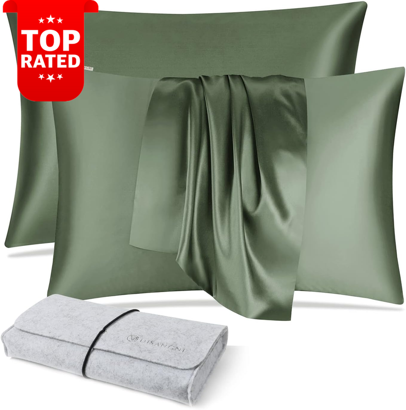 100% Silk Pillow Cases 2 Pack Mulberry Hidden Zipper Standard Size Green 20"x26"