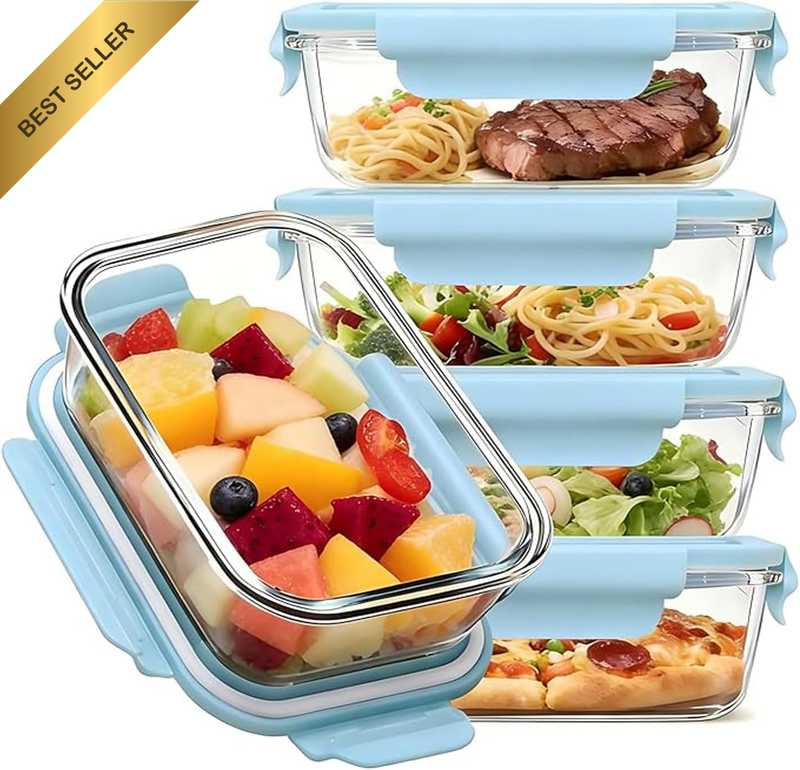 Glass Food Storage Containers 5 Pack,Three Sizes Glass Meal Prep Containers with
