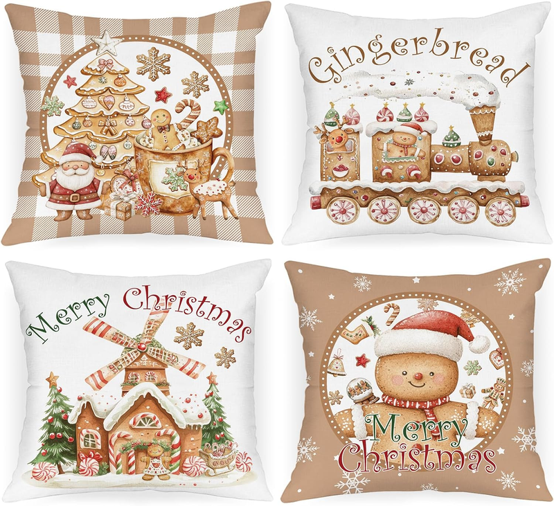 Lanpn Lebkuchenmann Weihnachten Kissenbezug 4 Stück, Plüsch Weihnachtskissenbezu