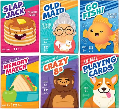 Kids Classic Card Games Old Maid, Go Fish, Slapjack, Crazy 8's, Memory Match 6X