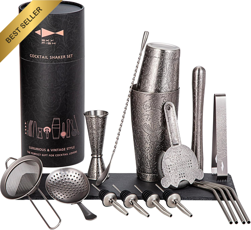 18-Piece Bartender Kit | 3D Etched Vintage Copper Plated Stainless Steel Boston