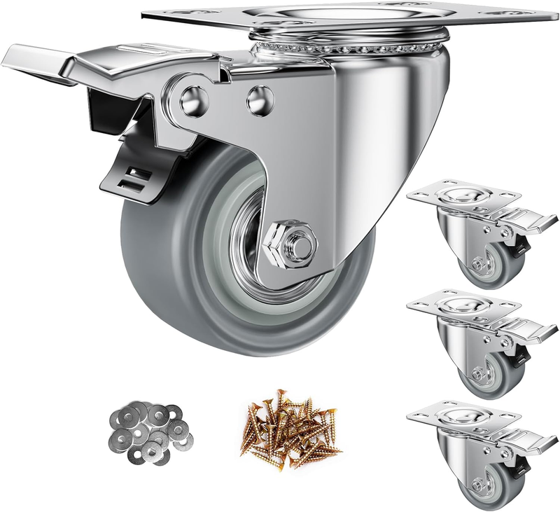 2 Inch Caster Wheels, Casters Set of 4 Heavy Duty Locking Castors, Swivel Casters with Brake (Top Plate), Non Marking Grey TPR Rubber Castor Wheels for Cart Furniture Workbench