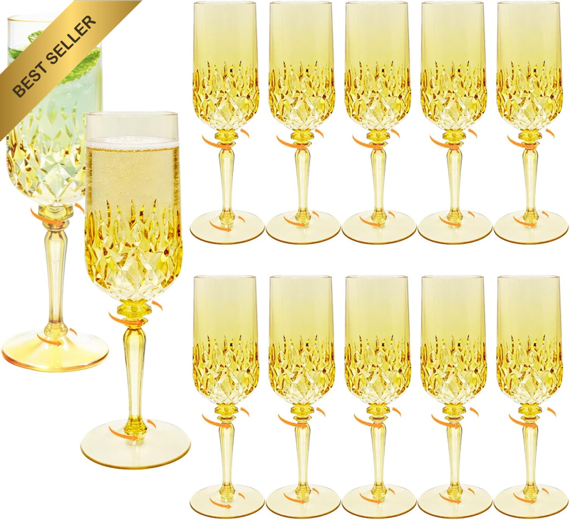 12 Packs Plastic Diamond Pattern Champagne Flutes Clear Detachable Yellow White