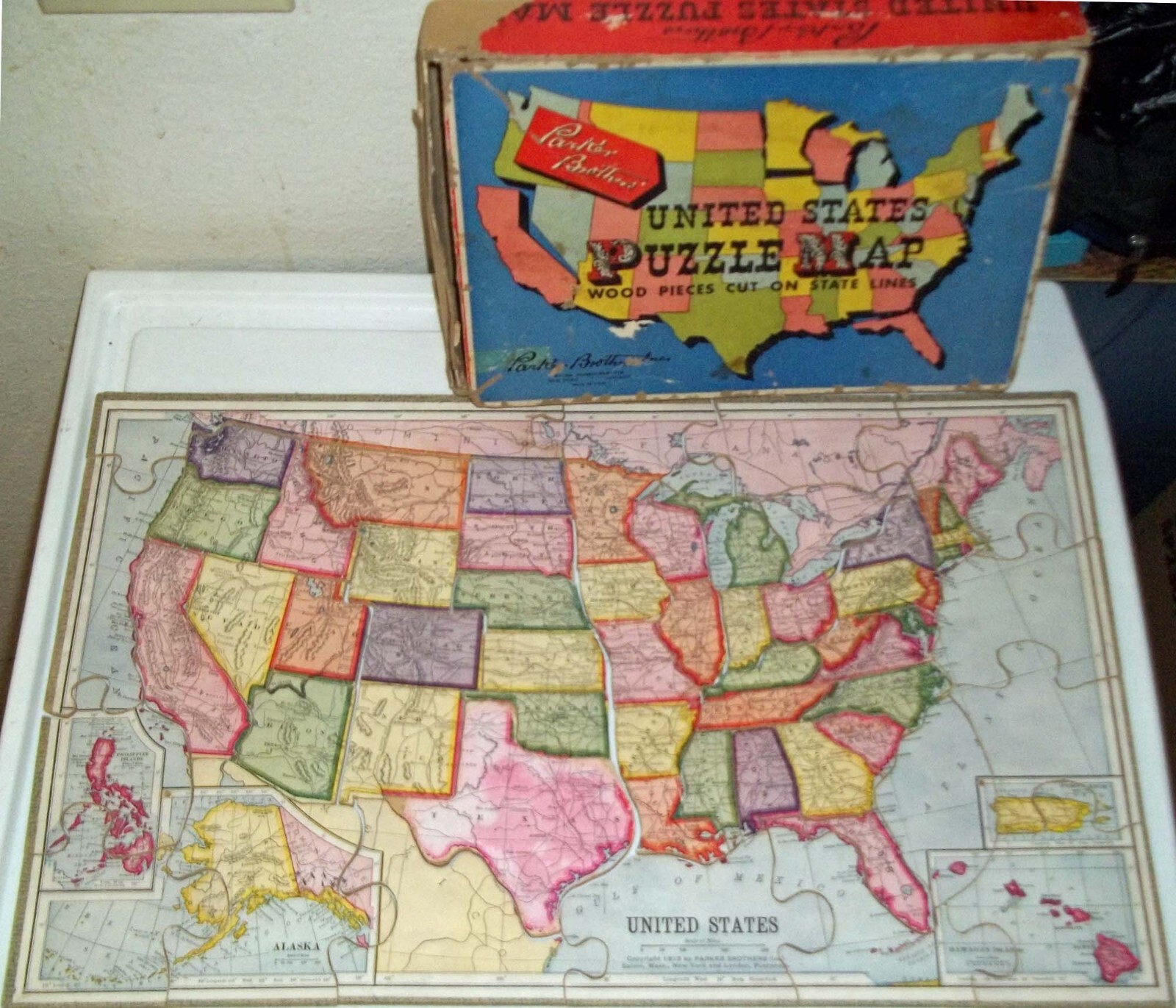 UKorgMONO盤　THE UNITED STATES OF AMERICA PARKER BROTHERS VINTAGE 1915 WOODEN UNITED STATES PUZZLE MAP