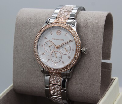 NEW AUTHENTIC MICHAEL KORS TIBBY CRYSTALS ROSE GOLD SILVER WOMEN'S MK6827 WATCH