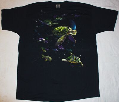 Space Turtles with Fish Fantasy T-Shirt Liquid Blue 1990's NEW UNWORN