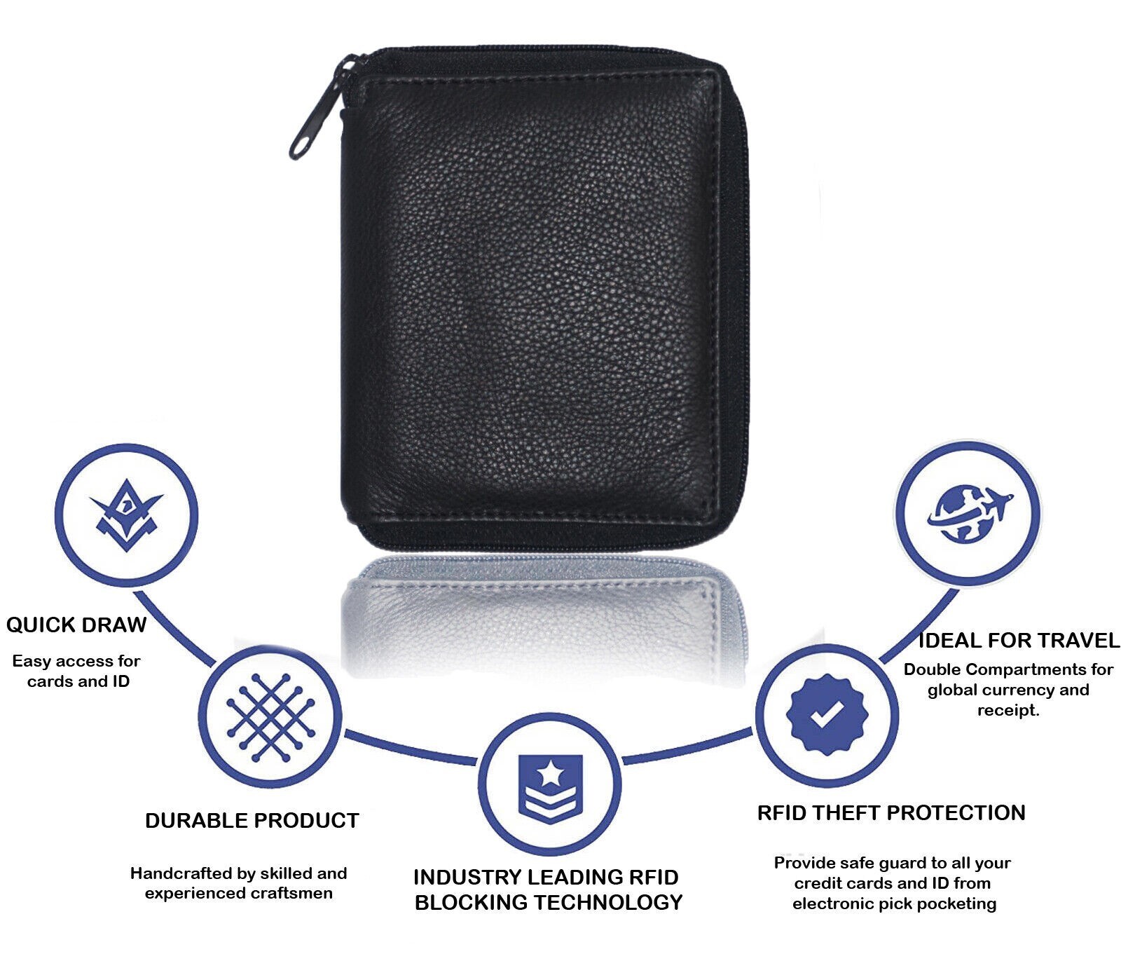 RFID Genuine Leather Mens Zipper Bifold Wallet Hipster Cowhide Credit Card Black