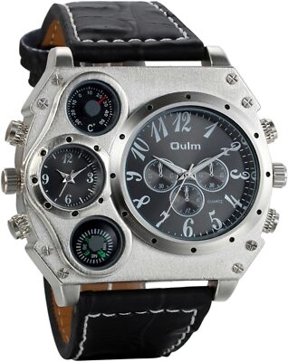  Mens Big Face Watch, Dual Time Zone Leather Strap Sport Watch, Analog Qua