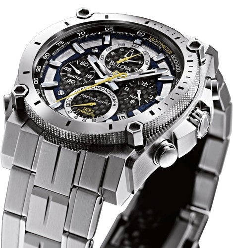 Pre-owned Bulova Men's Icon High Precision Quartz Chronograph Luxury Watch Make An Offer In Stainless Steel/ Blue And Yellow Accents