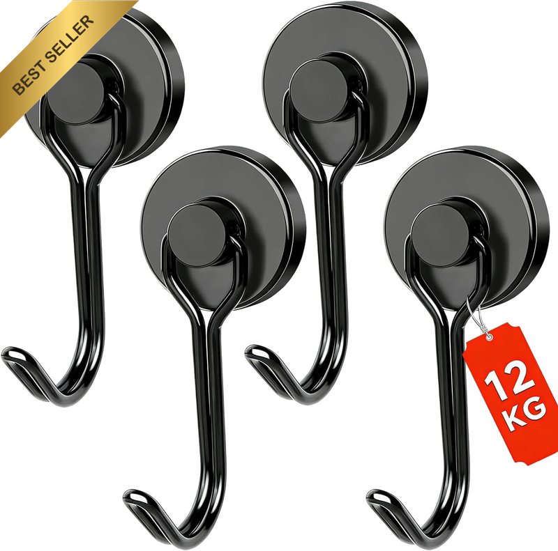 4PCS Heavy Duty Magnetic Hooks, 12KG/26.5LB Maximum Pull-Out Force, 360° Rotatin