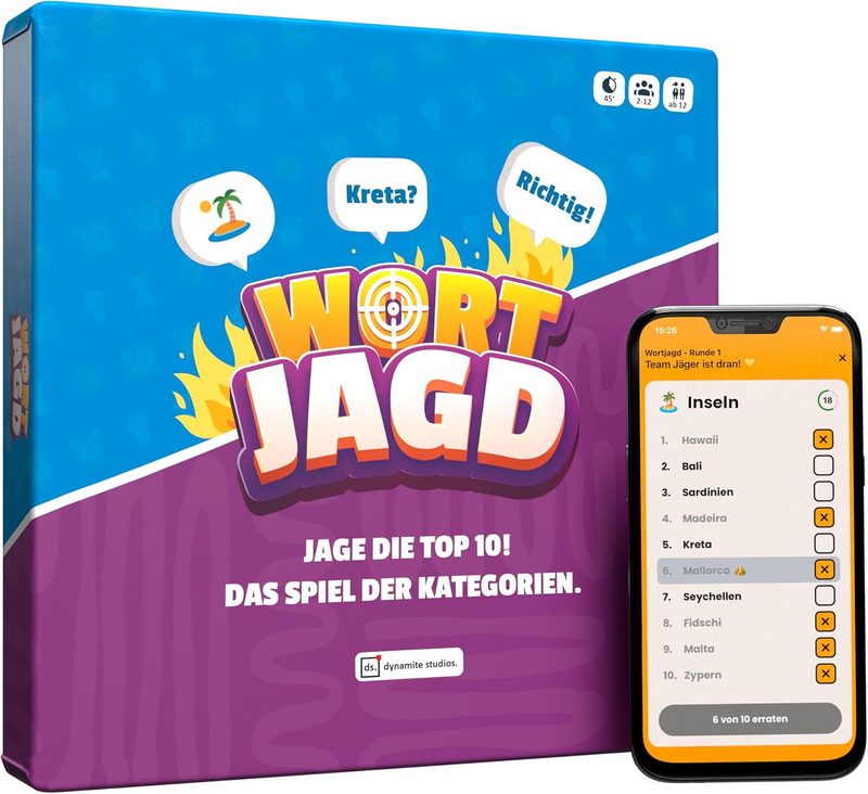Wortjagd - Jage Die Top 10, Kategorien Duell - Allgemeinwissen Quiz Für Freunde & Familie, Brettspiel Mit App Für 2-12 Spieler, Partyspiel Mit Tempo