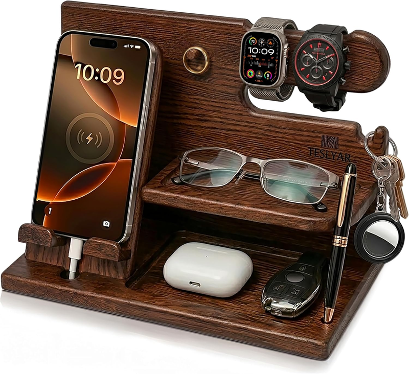 Wood Phone Docking Station Men Nightstand Organizer Key Wallet Watch Stand Gift