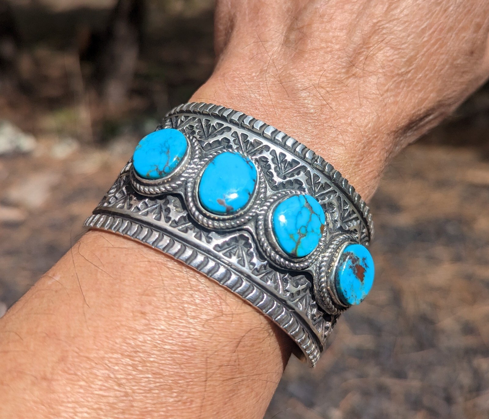 Navajo Turquoise Bracelet Heavy Sterling Silver Signed Navajo Turquoise Bracelet Heavy Sterling Silver Signed