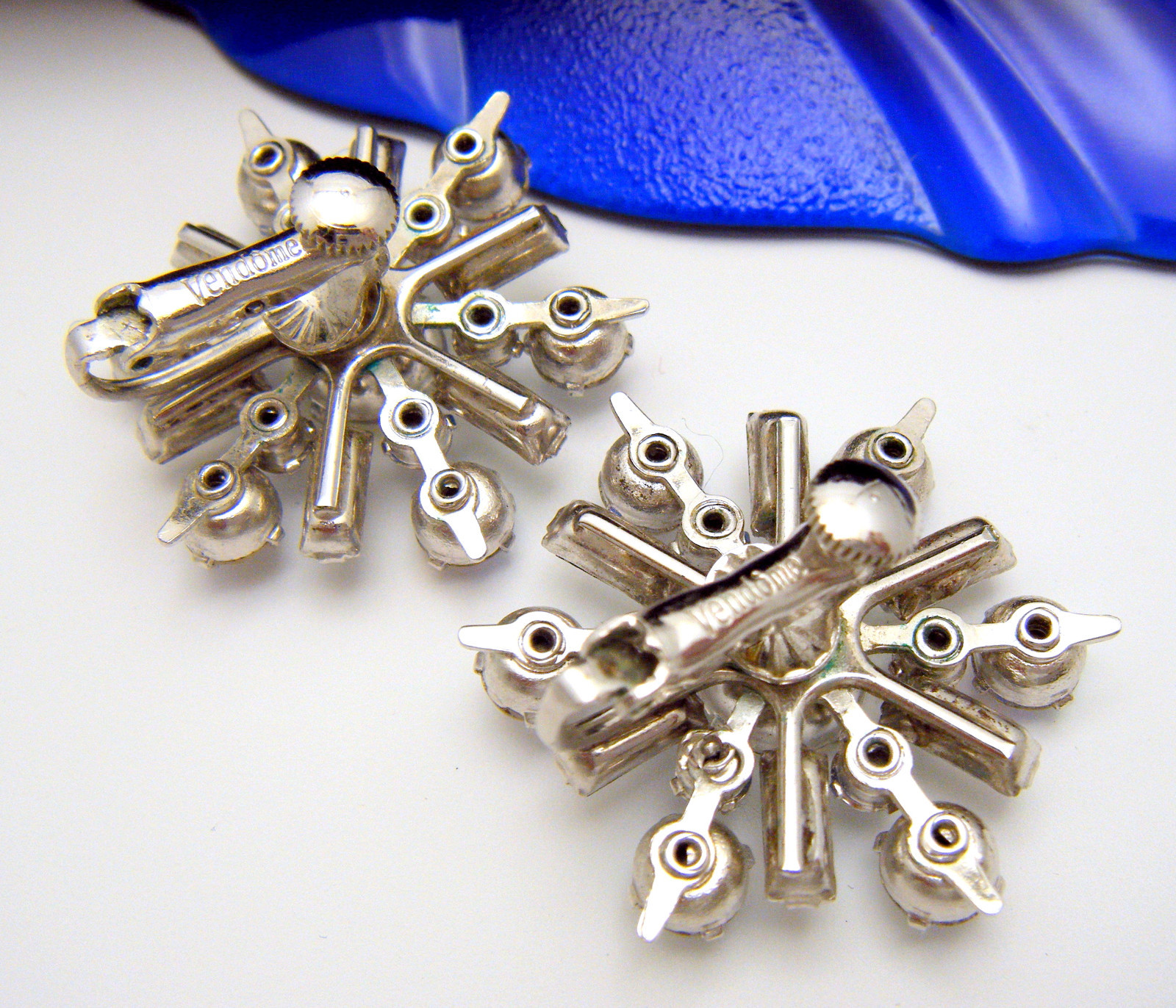 Stunning Vendome AB Rhinestone Earrings Baguettes Adjustable Clips Silver Tone